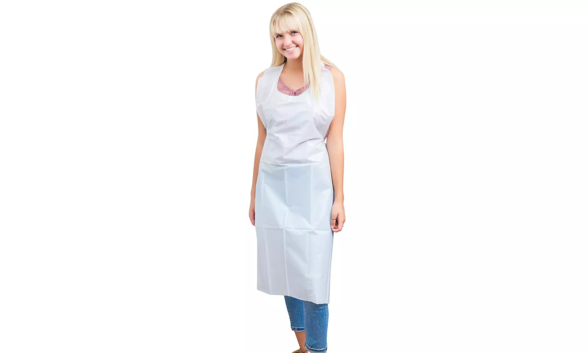 White Disposable Plastic Aprons for Kitchen Cooking - Serving, Pack of 100 - Primary Image