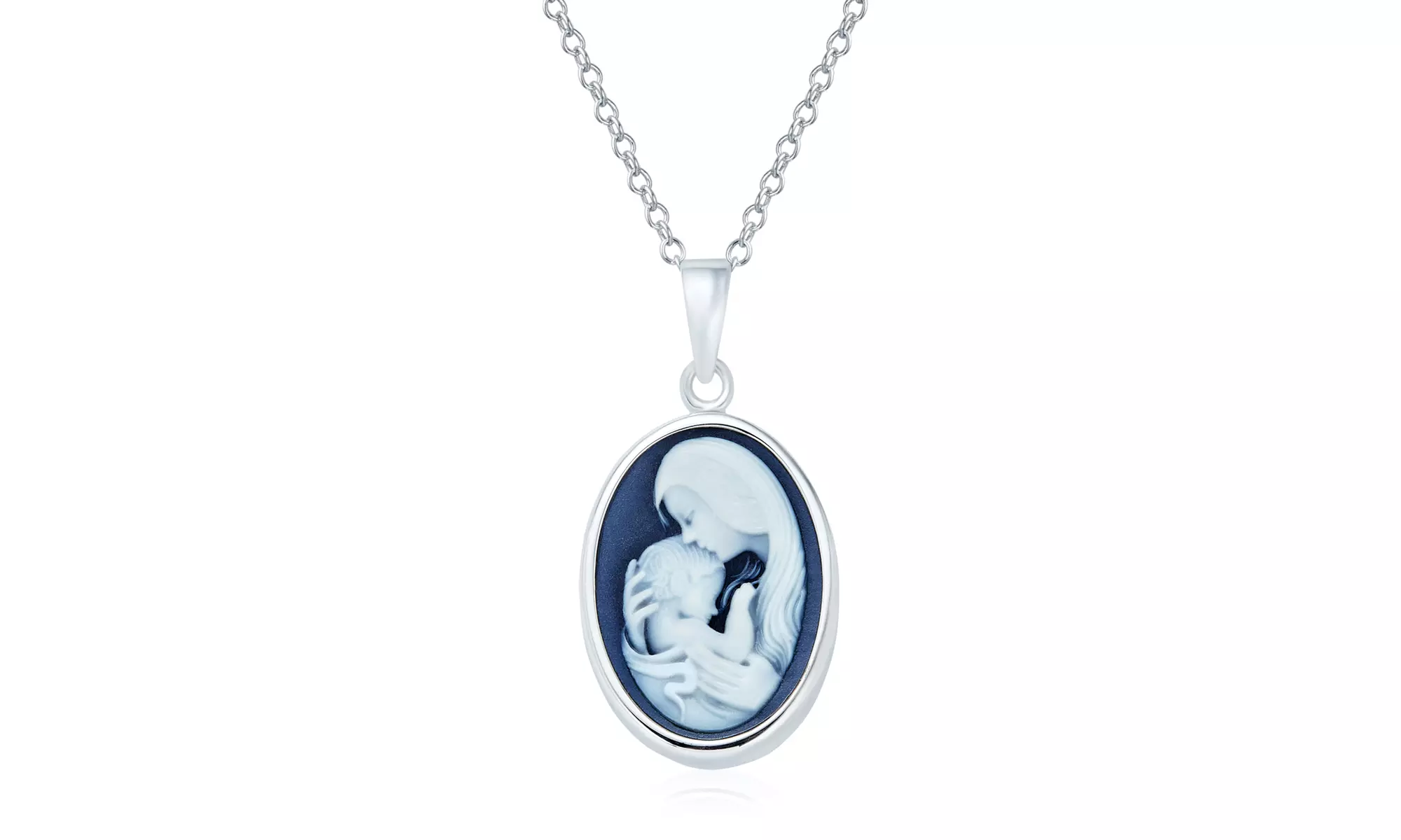 Blue Oval Mothers Loving Child Cameo Pendant Bezel Sterling Silver - Primary Image