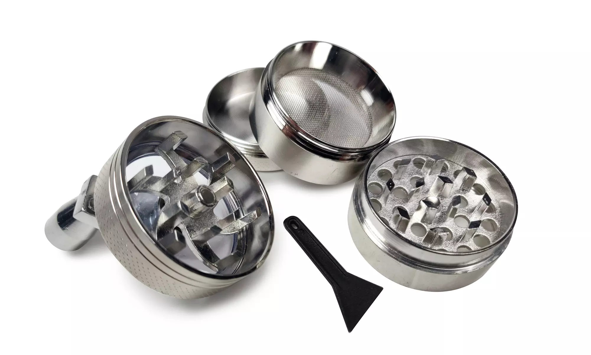 Mini Aluminum 4 Pc Herb Grinder with Crank Handle & Pollen Catcher  - 3 Colors - Second Medium