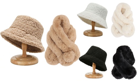 Women'sFaux Fur Fluffy Bucket Hat And Scarf Set For Winter Khaki