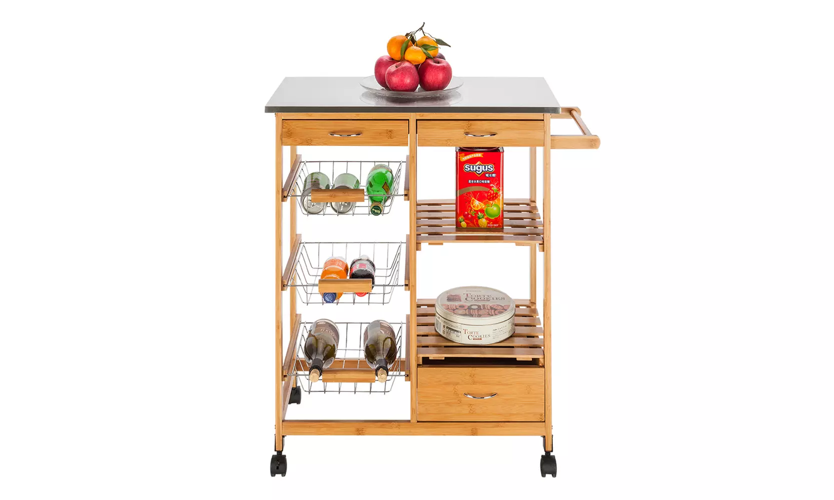 Kitchen Cart Stainless Steel Table Top Three Drawers Three Baskets Burlywood - Primary Image