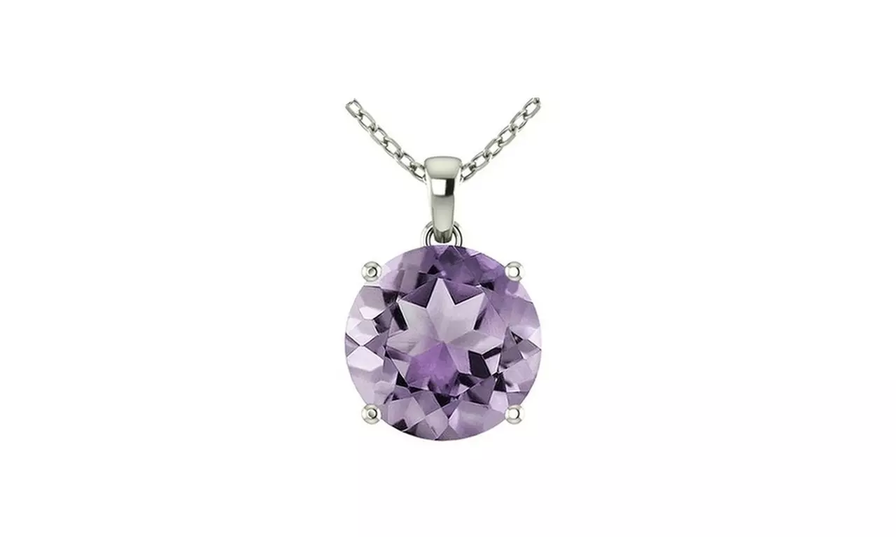14k white Gold plated 4 Ct Round Amethyst Necklace. - Primary Image