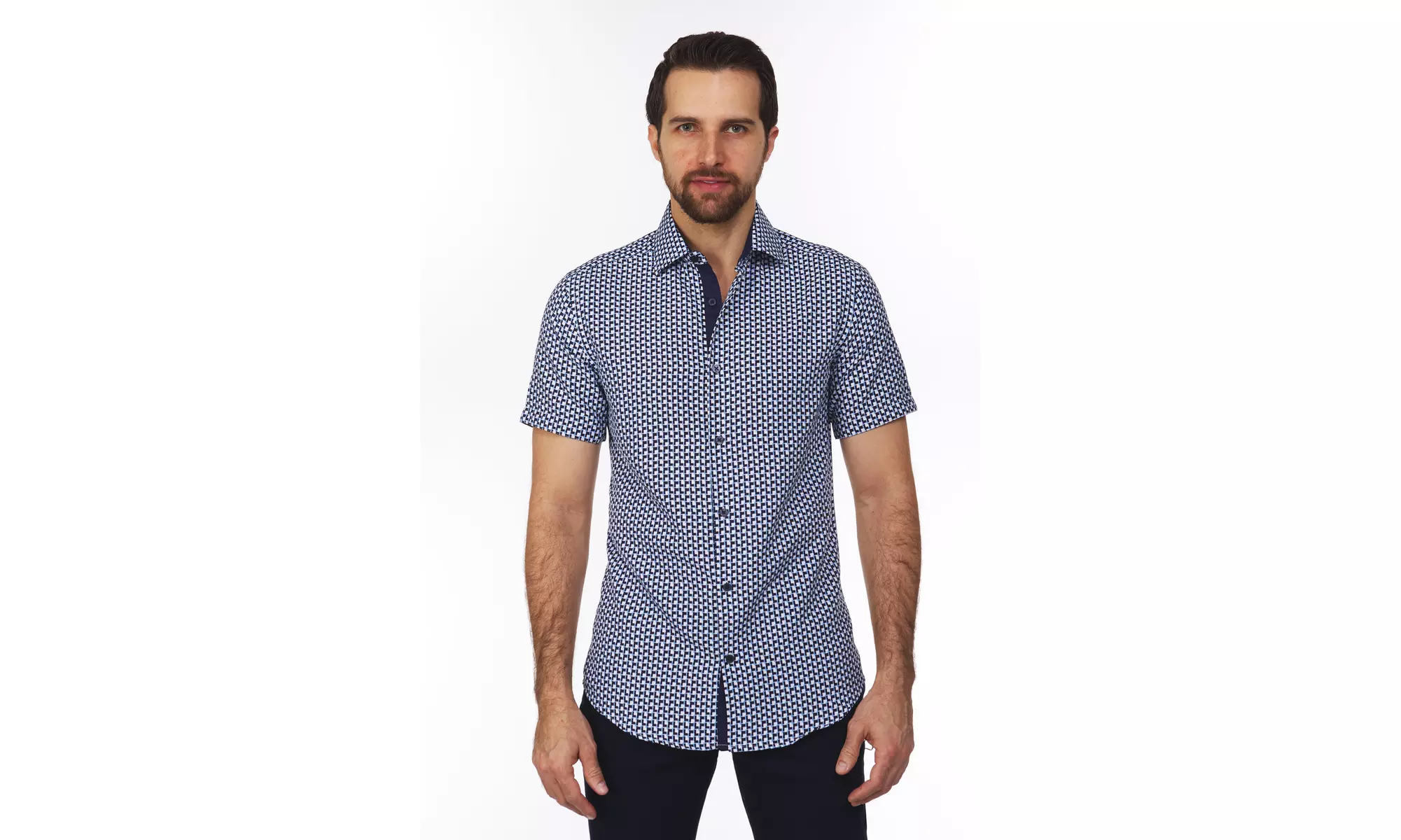 Suslo Couture Men's Slim-Fit Nautical Short Sleeve Button Down Shirt  - Second Medium