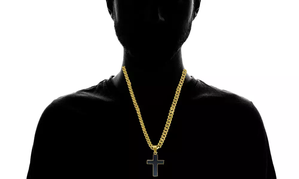 18k Gold or Silver Plated Carbon Fiber Inlay Cross with Curb Men's Chain