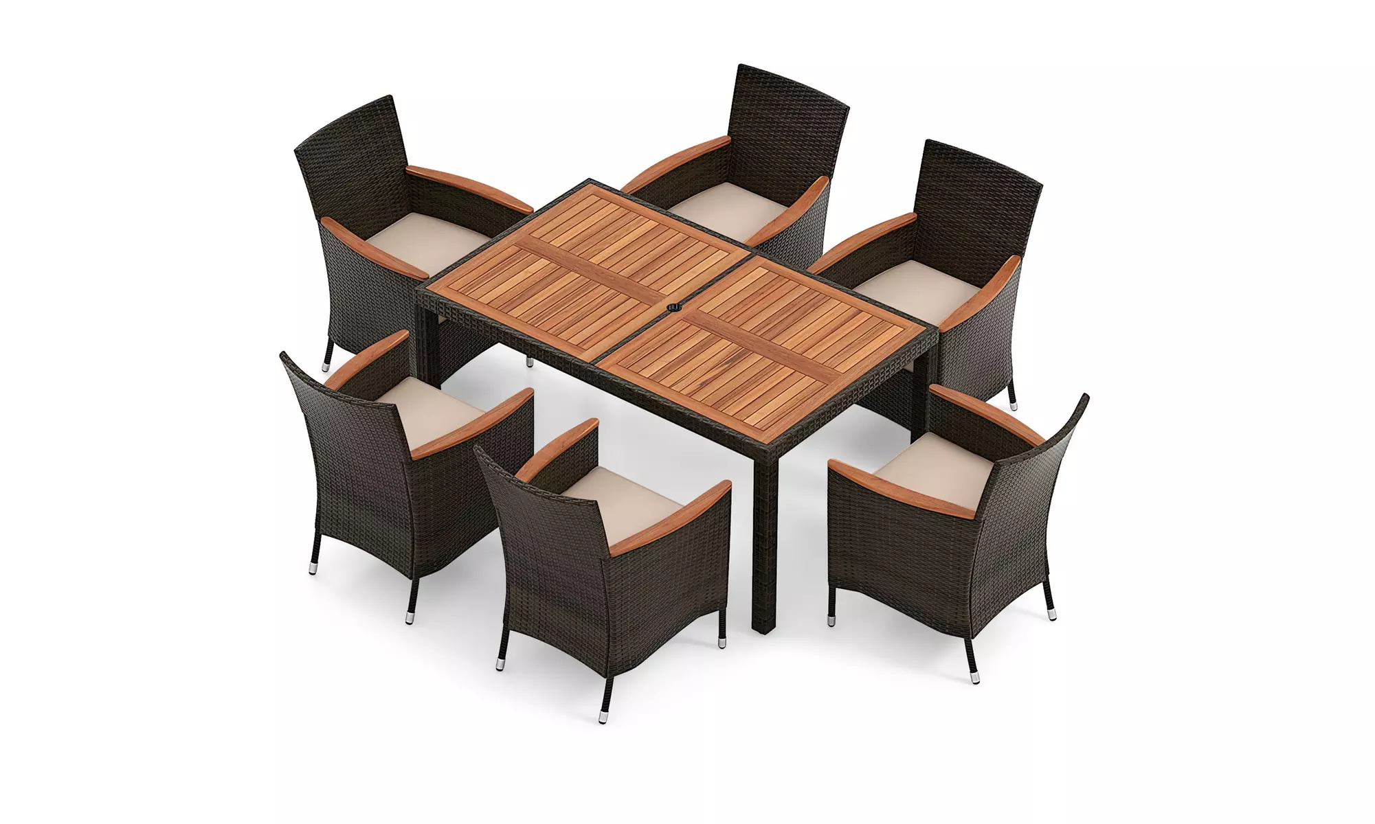 Costway 7 Pieces Outdoor Wicker Dining Set with Acacia Wood Table and 6 Chairs