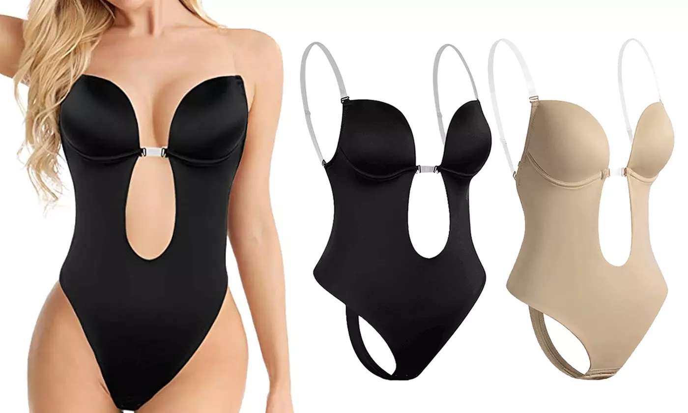 Women's Backless Shapewear U Plunge Seamless Thong Full Bodysuit Deep V Neck - Primary Image