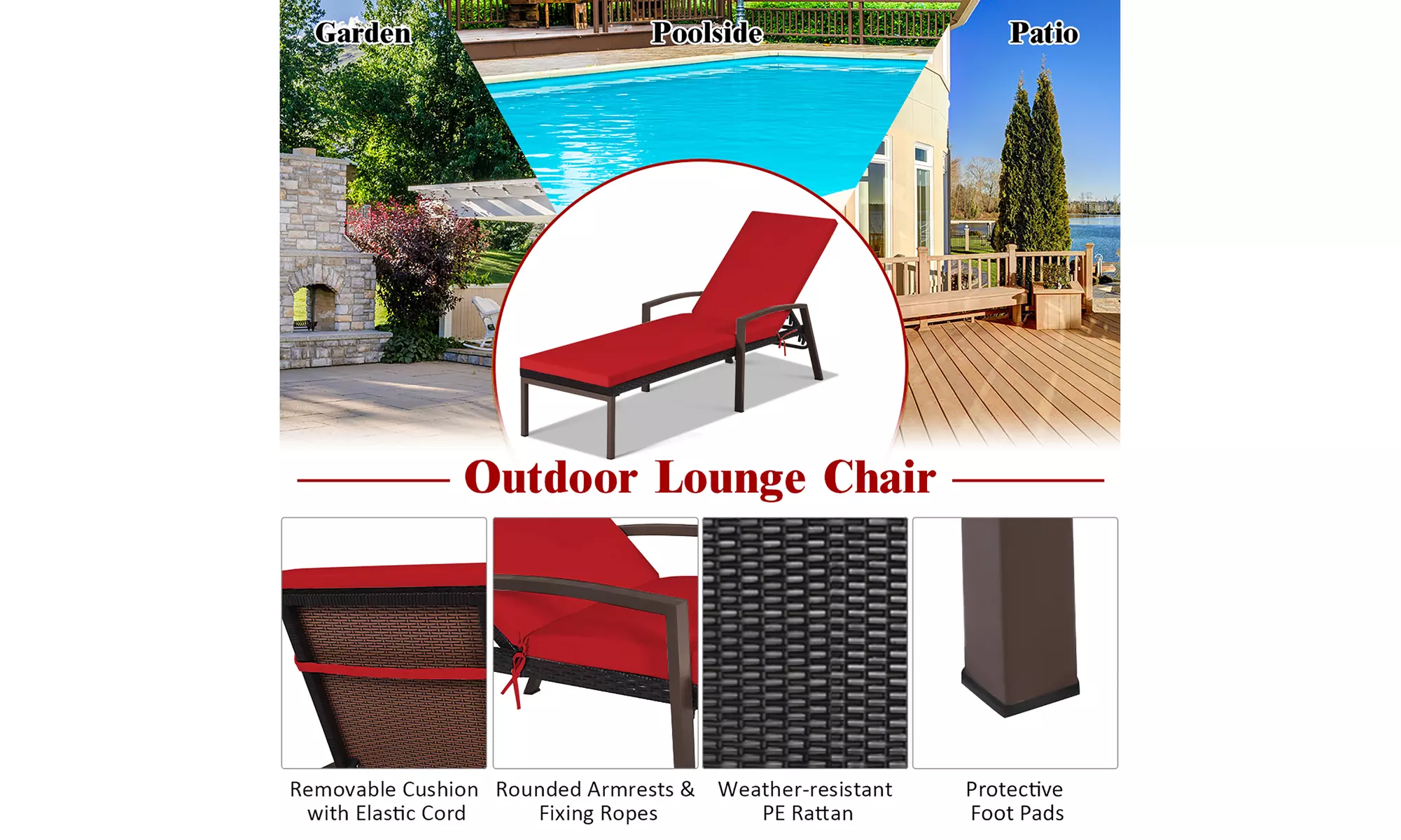 Costway 2PCS Patio Rattan Lounge Chair Chaise Recliner Back Adjustable Cushion