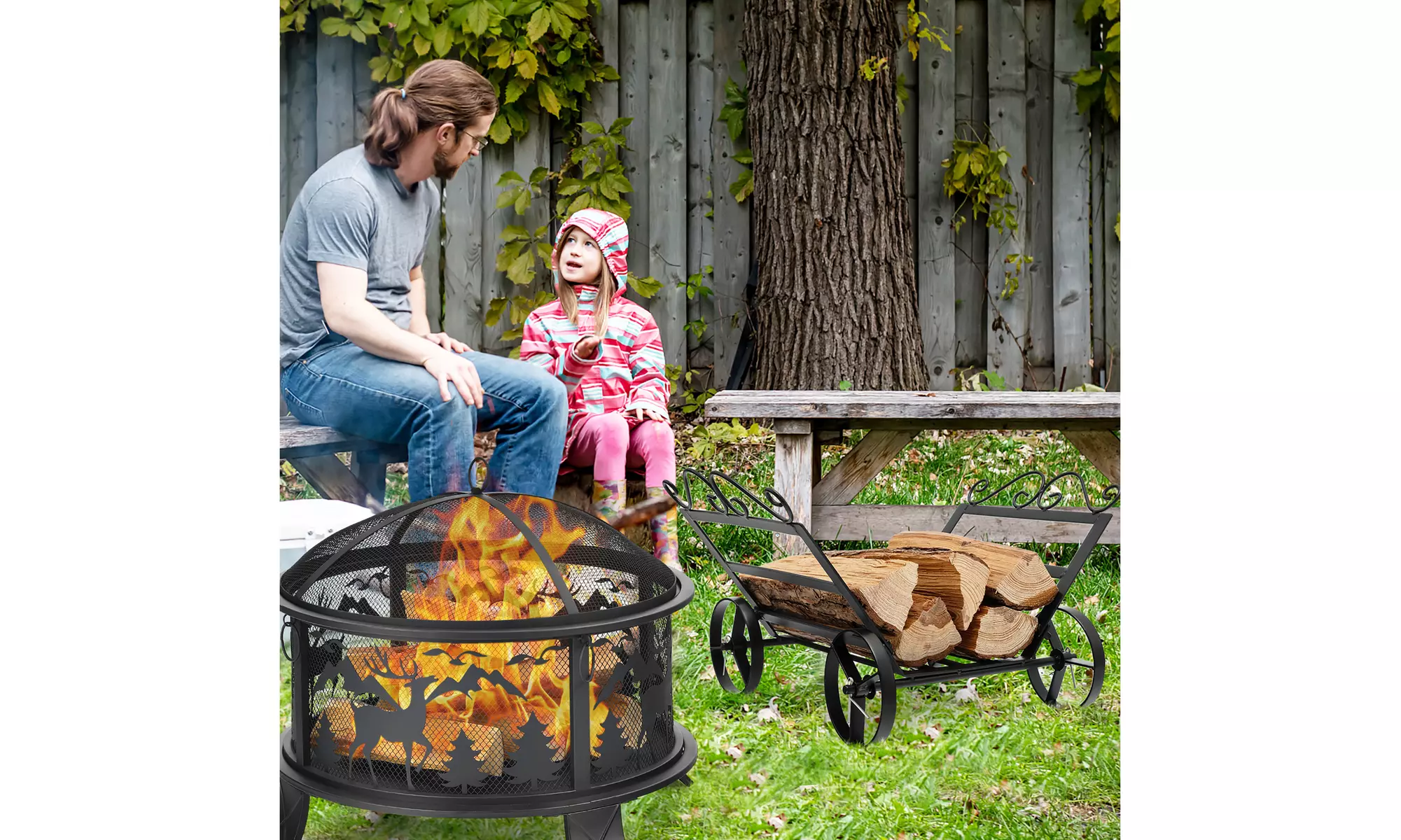 Costway Firewood Rack Decorative Rustproof Steel Fireplace Log Holder w/ Wheels