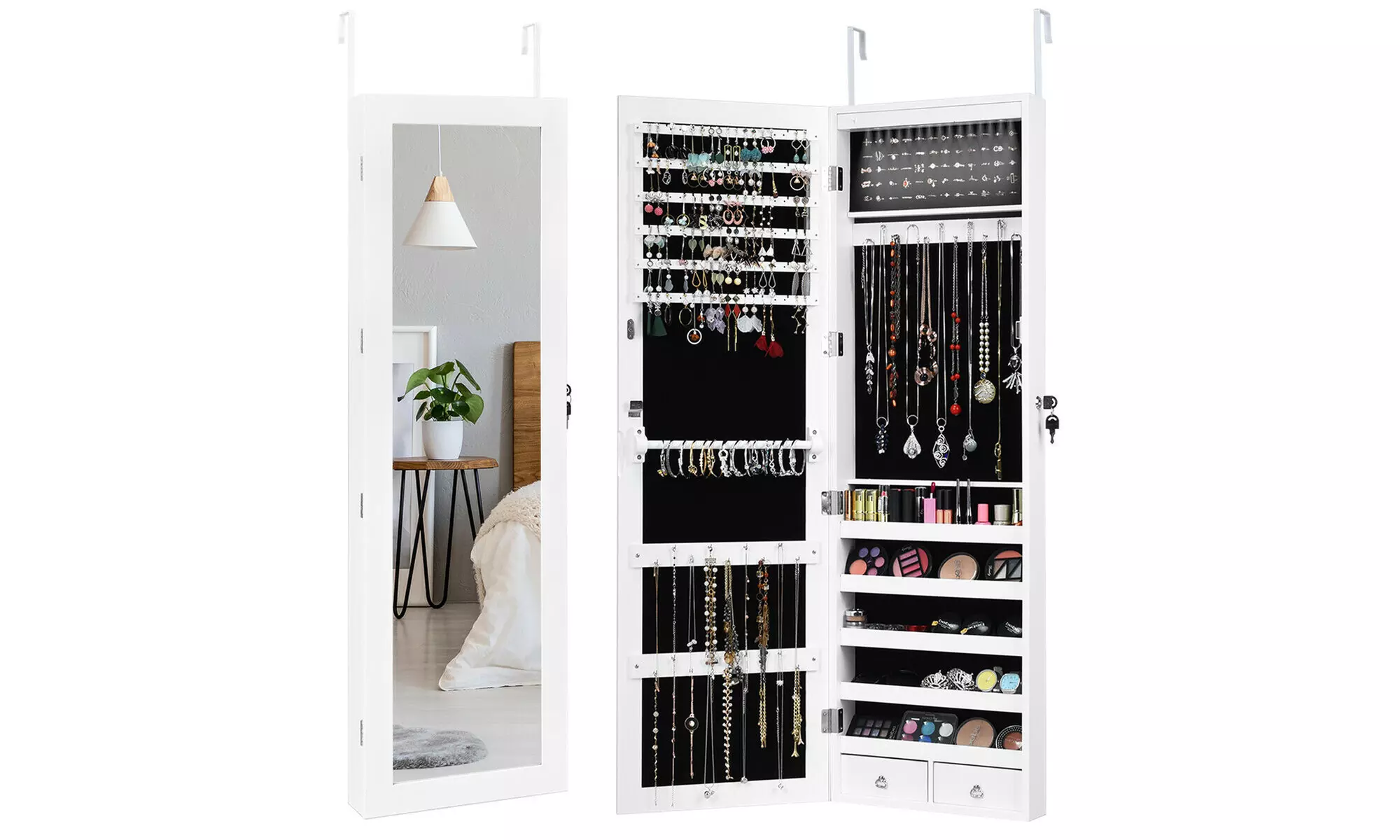 Wall Door Mounted Mirror Jewelry Cabinet Lockable Armoire Organizer w/ LED Light - Primary Image
