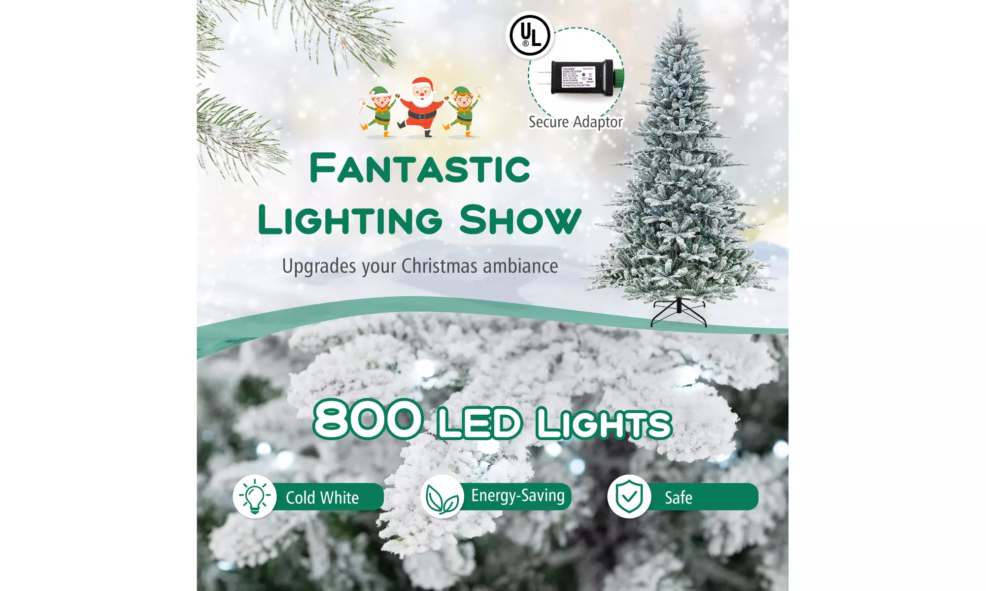 Costway Snow Flocked Artificial Christmas Tree with LED Lights and PVC/PE Tips