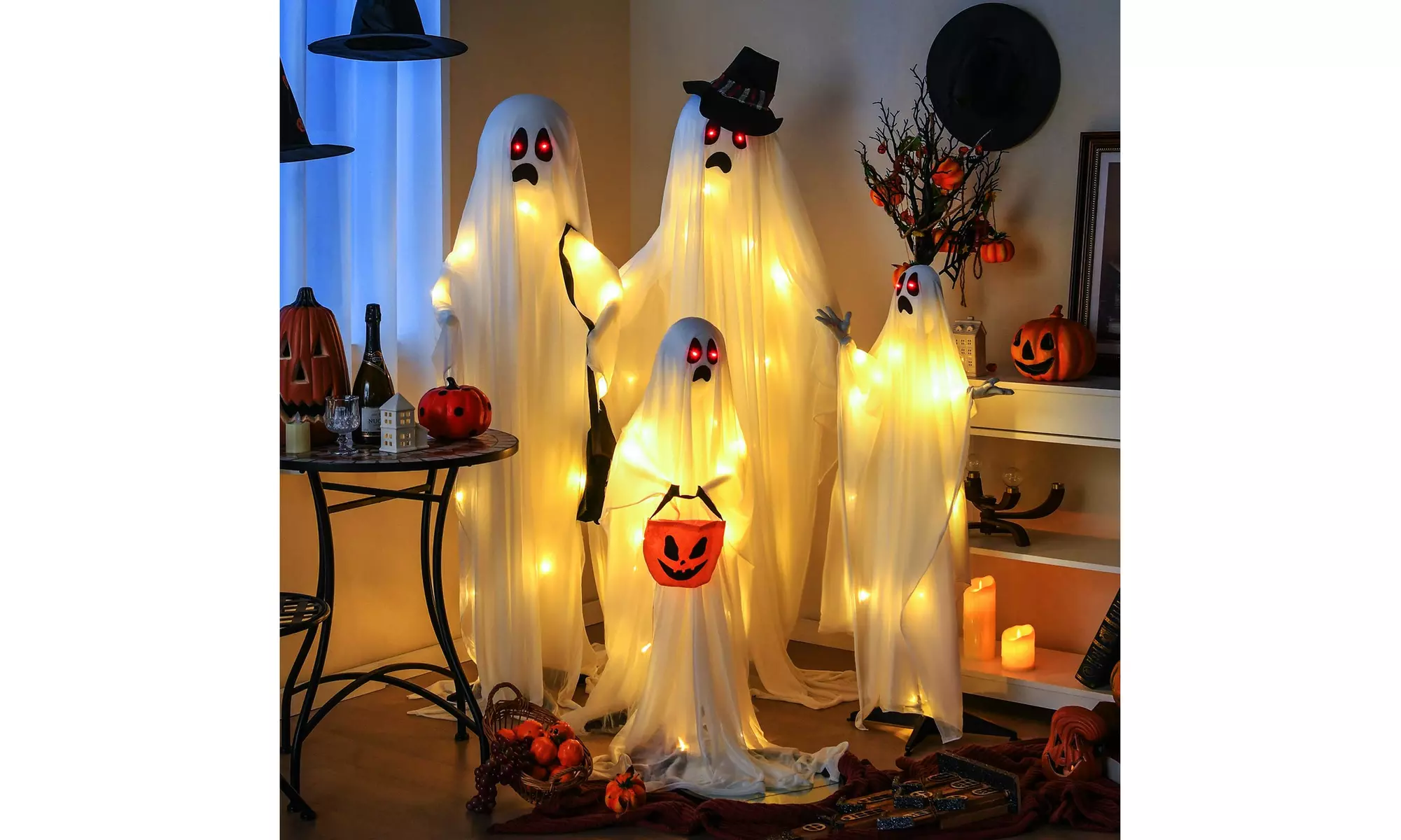 Costway 4 PCS Halloween Light up White Cloth Ghosts Life-size Standing Ghost