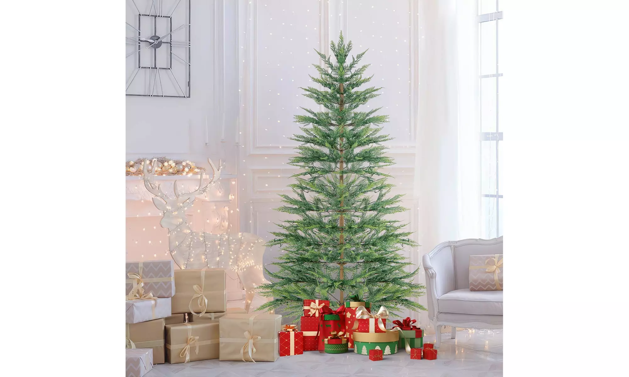 Costway 6.5/7.5 FT Pre-Lit Christmas Tree Hinged w/ Branch Tips Timer Lights