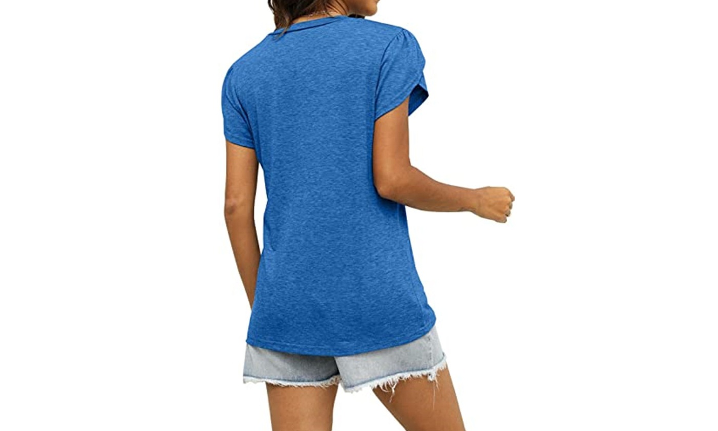 Womens Petal Sleeve Tunic Tops V Neck Short Sleeve Shirts