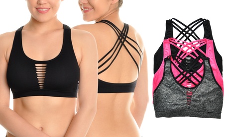 Seamless Cross Back Bralette With Front Cut-Out Pattern (3 Pack) L/XL Basic Wire Free Multi-color