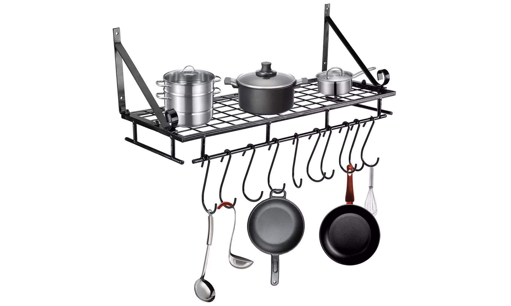 Hanging Pan Pot Rack Wall Mounted Holder Kitchen Storage with Hooks - Primary Image