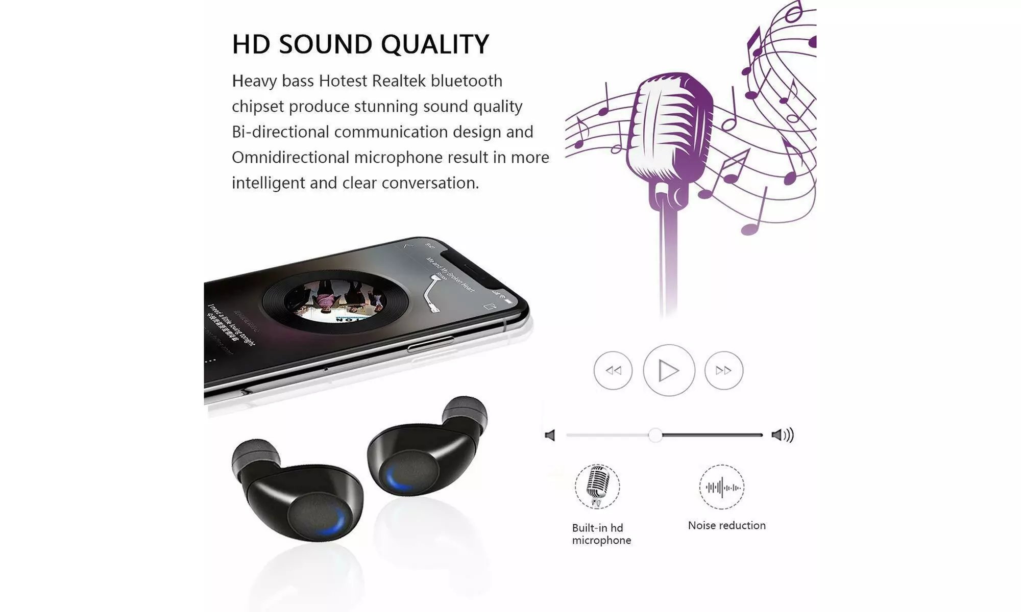 15H Playtime Bass Wireless Earbuds Kissral Bluetooth 5.0 True Wireless Earbuds - Second Medium