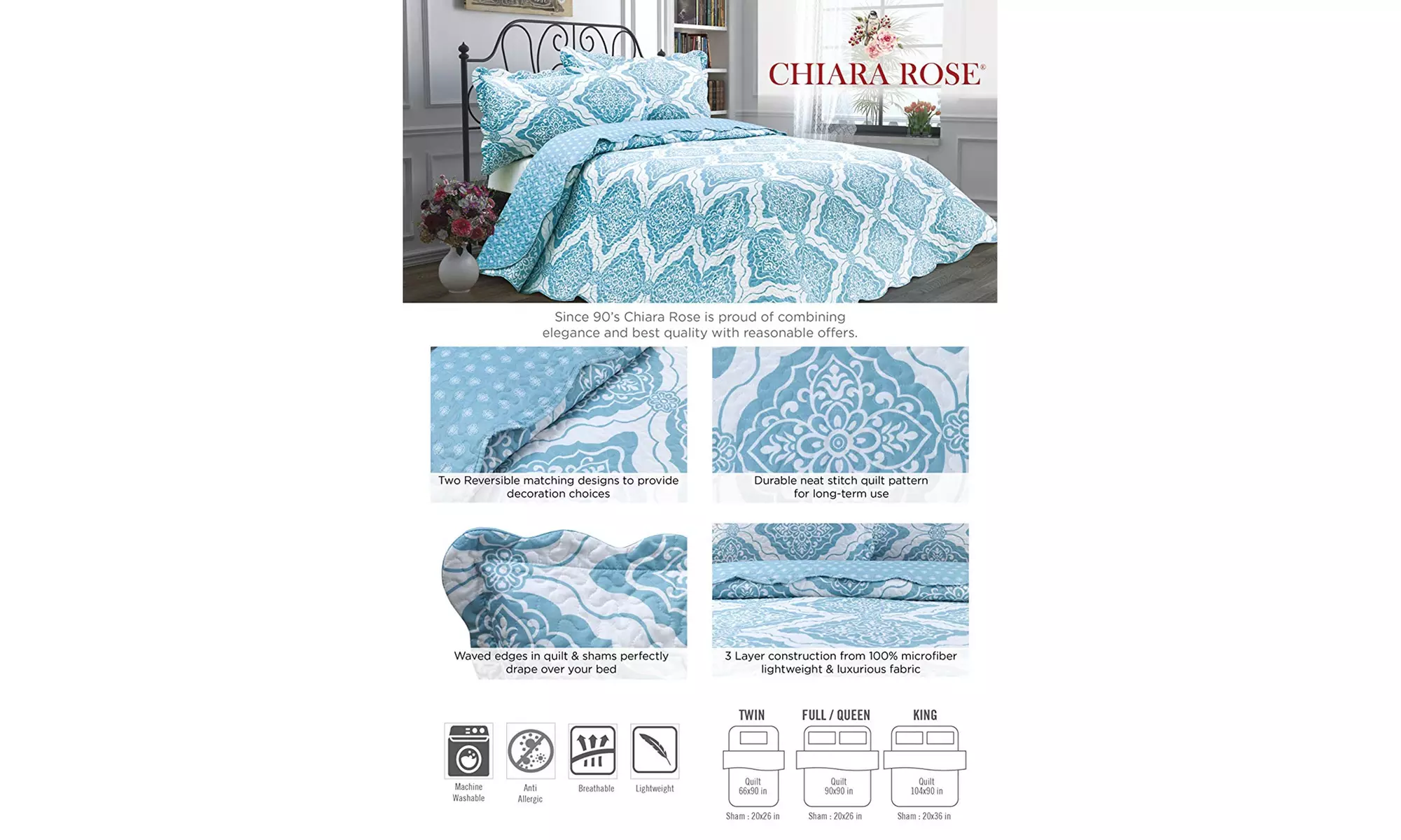 Chiara Rose Luxury Home Hotel Reversible Lightweight 2 & 3 Piece Quilt Set - Second Medium