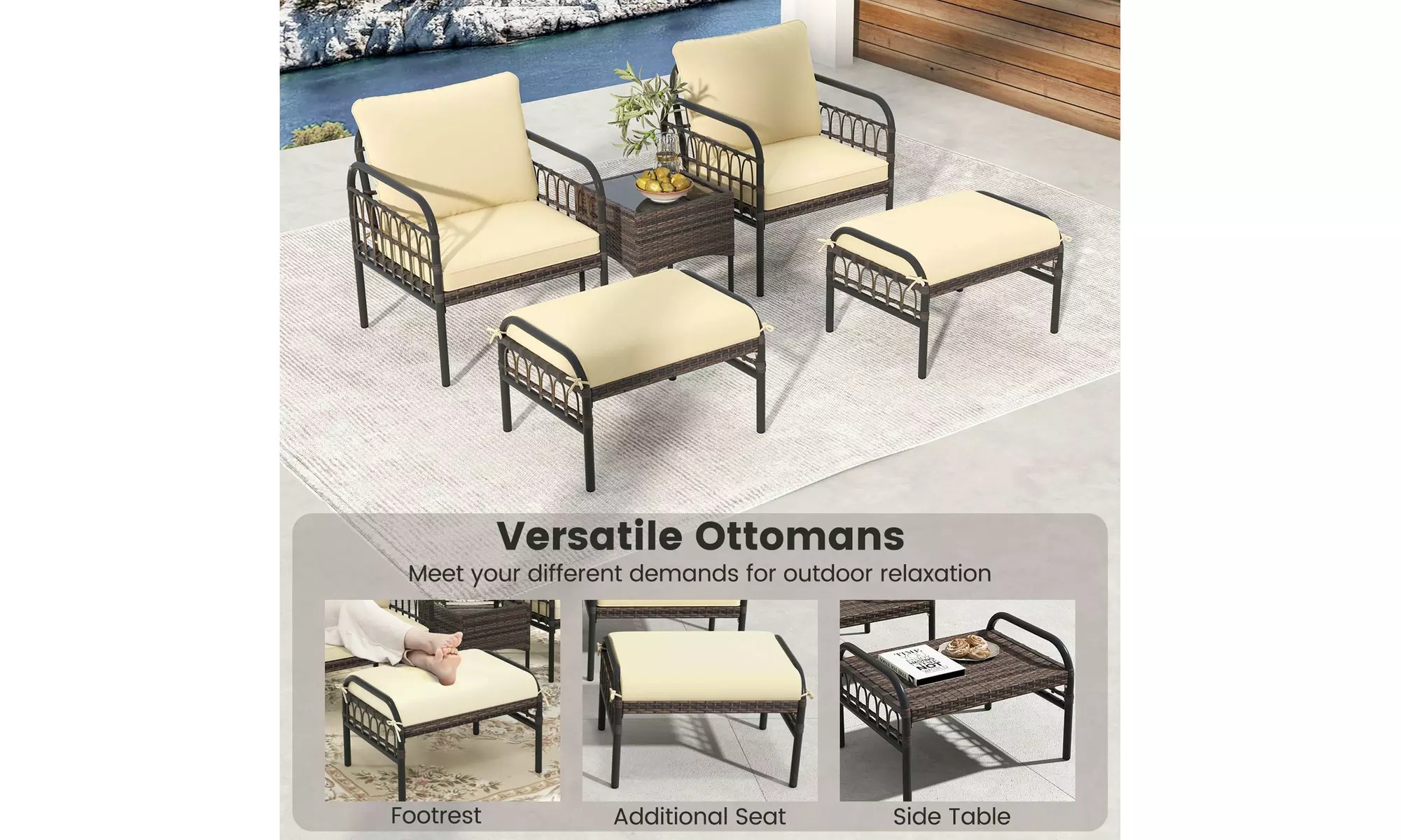 Costway 5 Piece Patio Conversation Set - Outdoor Wicker Chairs, Ottomans & Table