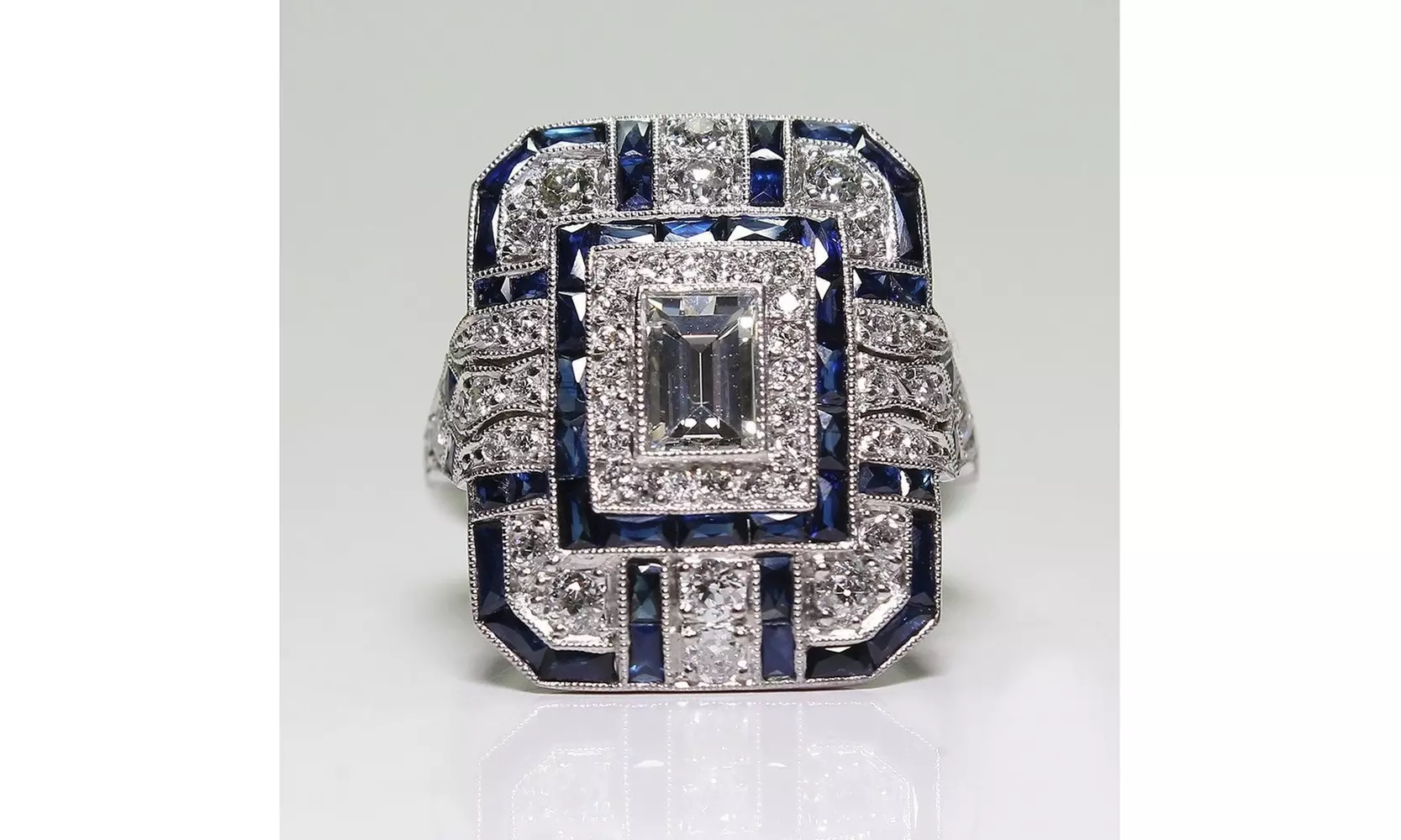 Antique Art Deco 925 Sterling Silver Blue Sapphire Diamond Engagement Ring - Primary Image