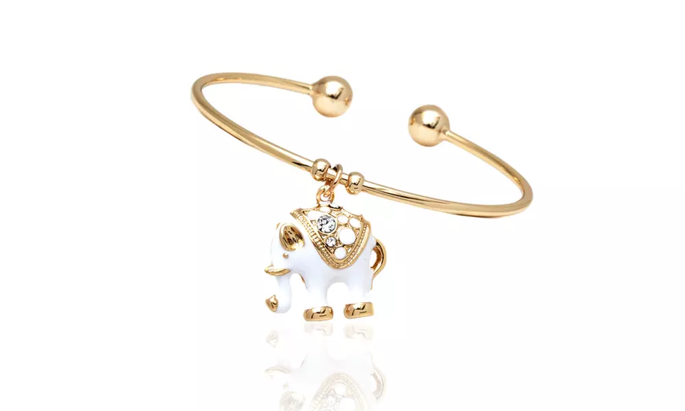 18k Gold Plated Gold and White Elephant Charm Bangle - Primary Image