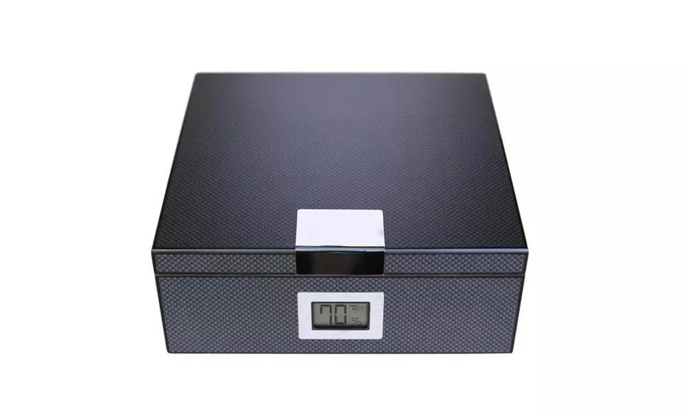 Carbon Fiber Cedar Humidor with Front Digital Hygrometer (Holds 25-50) - Primary Image