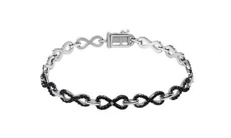 Black Diamond Accent Infinity Link Bracelet In 18K White Gold H I3 None Brass Round Good Cut