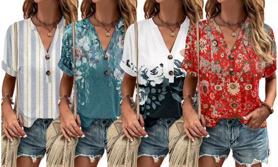 Women Short Sleeve V Neck Button Tops Blouses Trendy Printed Shirts Tunic