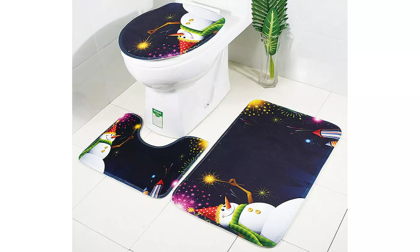 3pcs Christmas Toilet Seat Cover Rug Set Santa Claus Bathroom Mat Xmas Decor