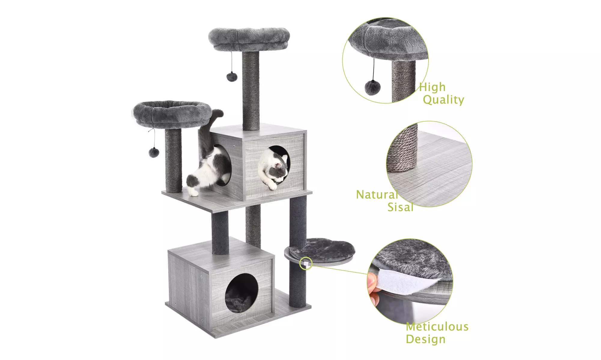 Modern Cat Tree 51 Inches Wooden Cat Tower with 2 Super LargeCat Condos