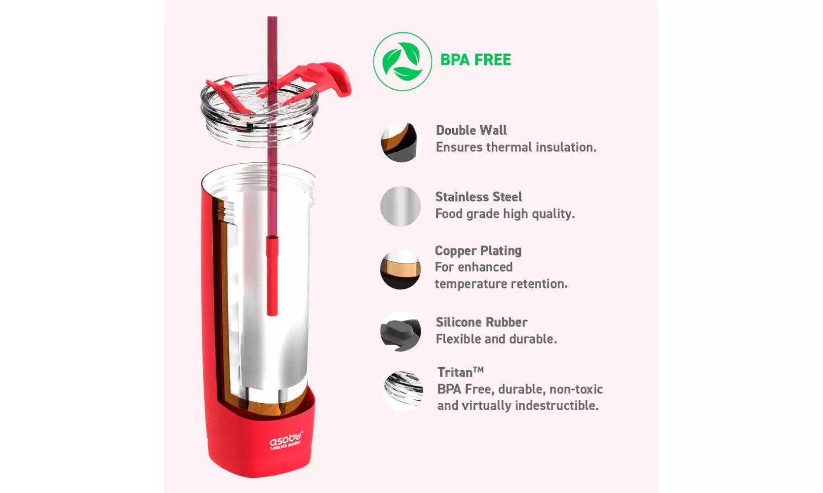 Asobu Aqualina 20oz Insulated Tumbler Water Bottle with Leakproof Lid and Straw