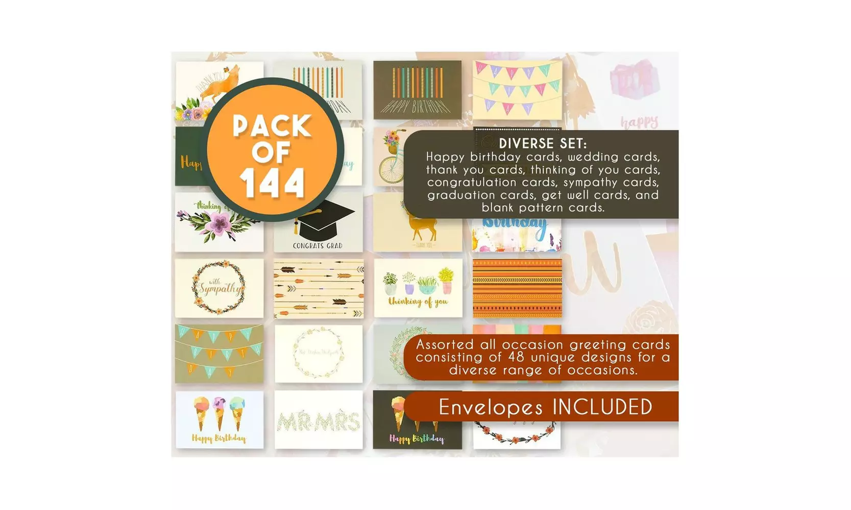 144 Assorted All Occasion Greeting Cards Bulk Set Birthday Wedding, 48 Designs - Second Medium