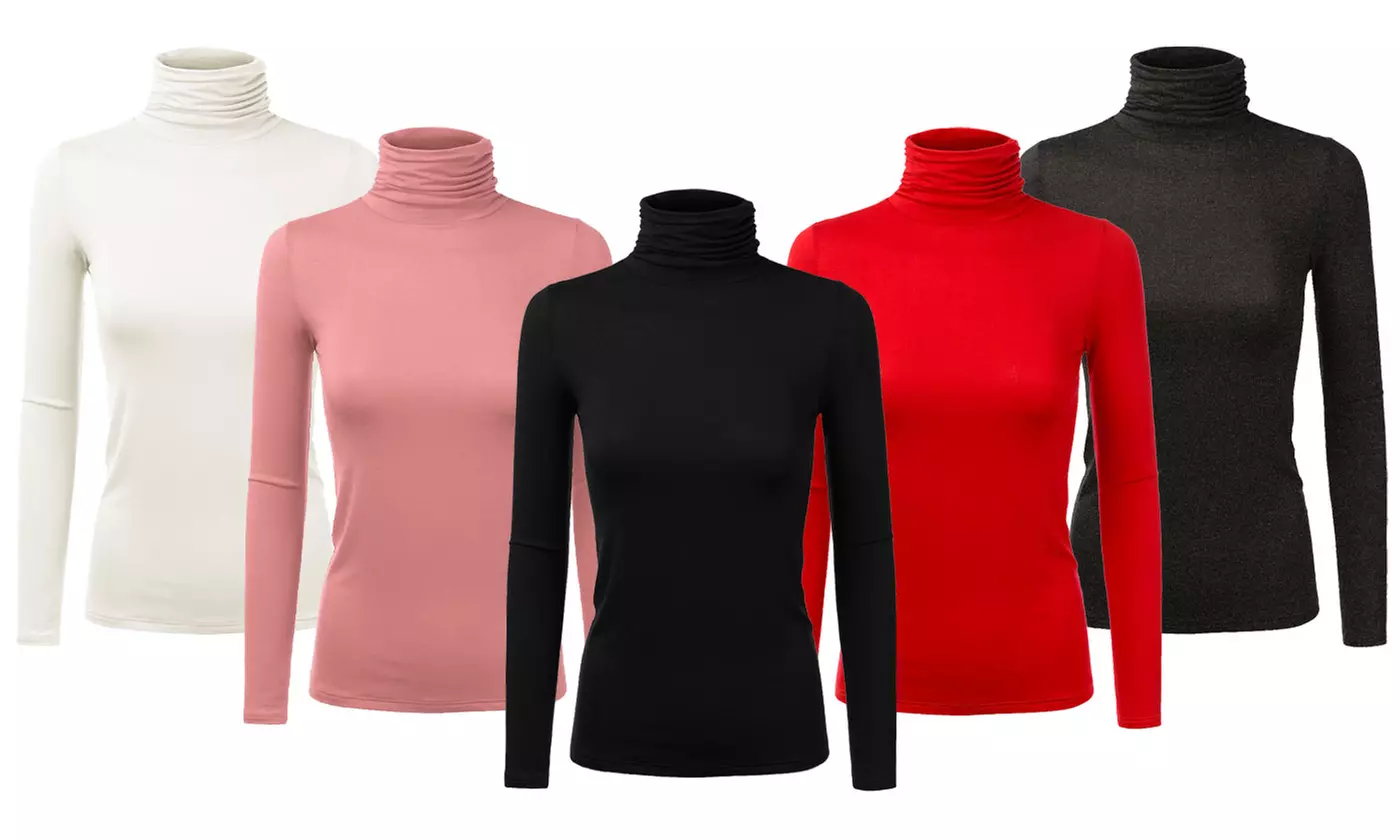 Doublju Women's Slim Fit Long Sleeve Shirring Details Turtleneck Tops - Primary Image