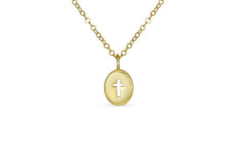 Bling Jewelry Gold Plated 925 Sterling Silver Mini Medallion Oval Cross Necklace Yellow Gold Plated Silver