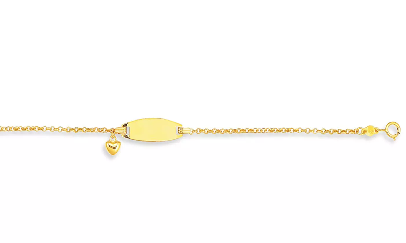 14k Yellow Gold Round Cable Link Puffed Drop Heart ID Bracelet - 6 inches - Second Medium