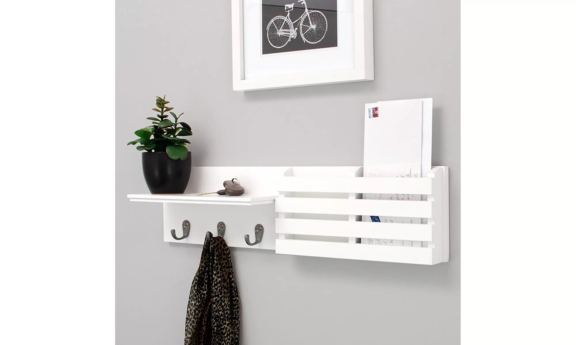 Kitchen Office Chrome Wall Shelf And Mail Organizer Holder With 3 Hooks White - Primary Image