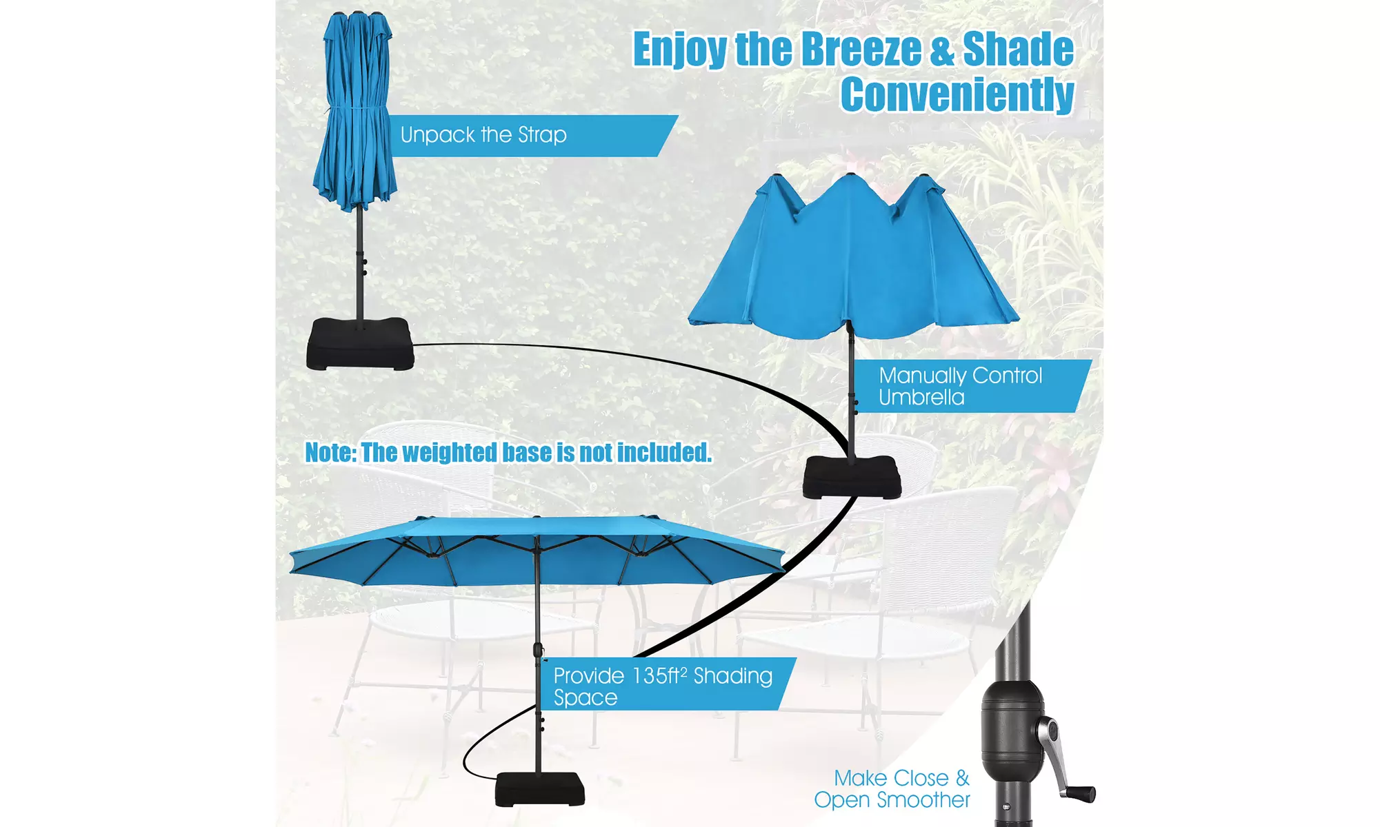 Costway 15FT Patio Double-Sided Umbrella Crank Outdoor Garden Market Sun Shade
