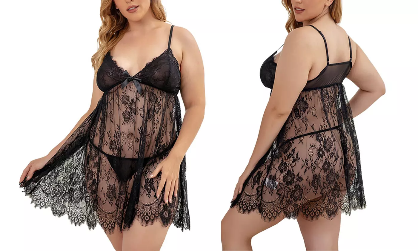 Women Plus Size Sexy Lingerie Lace Dress G-String Babydoll Sleepwear Set - Primary Image