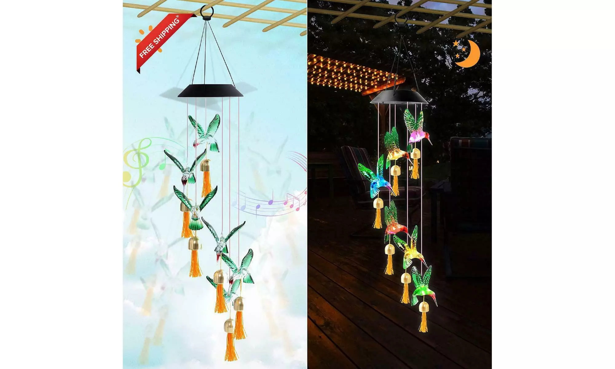 Large LED Solar Wind Chime Lights Color-Changing Outdoor Hanging Decor Bells