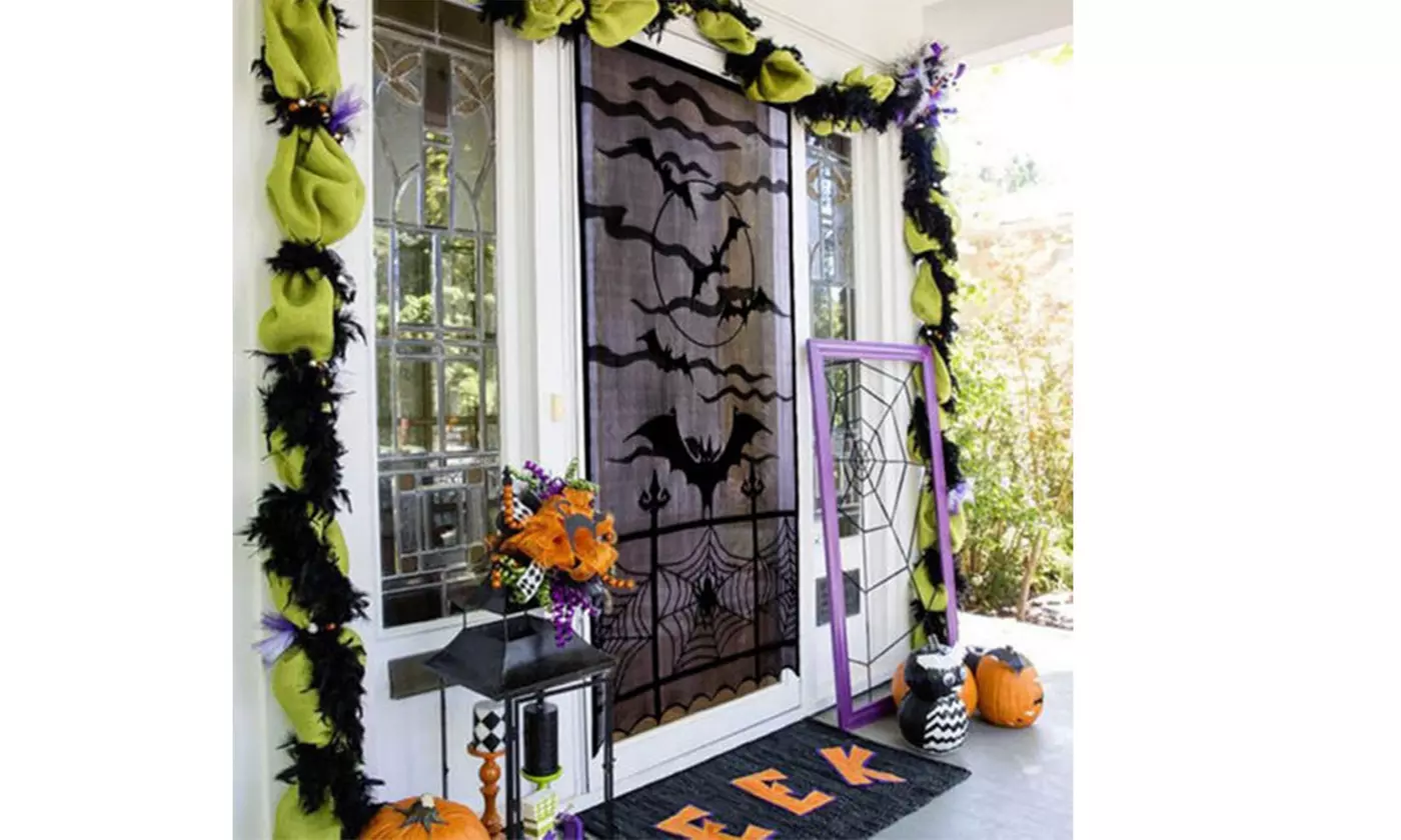 Halloween Spider Bat Curtains Cobweb Black Lace Room Door Window Decor - Primary Image