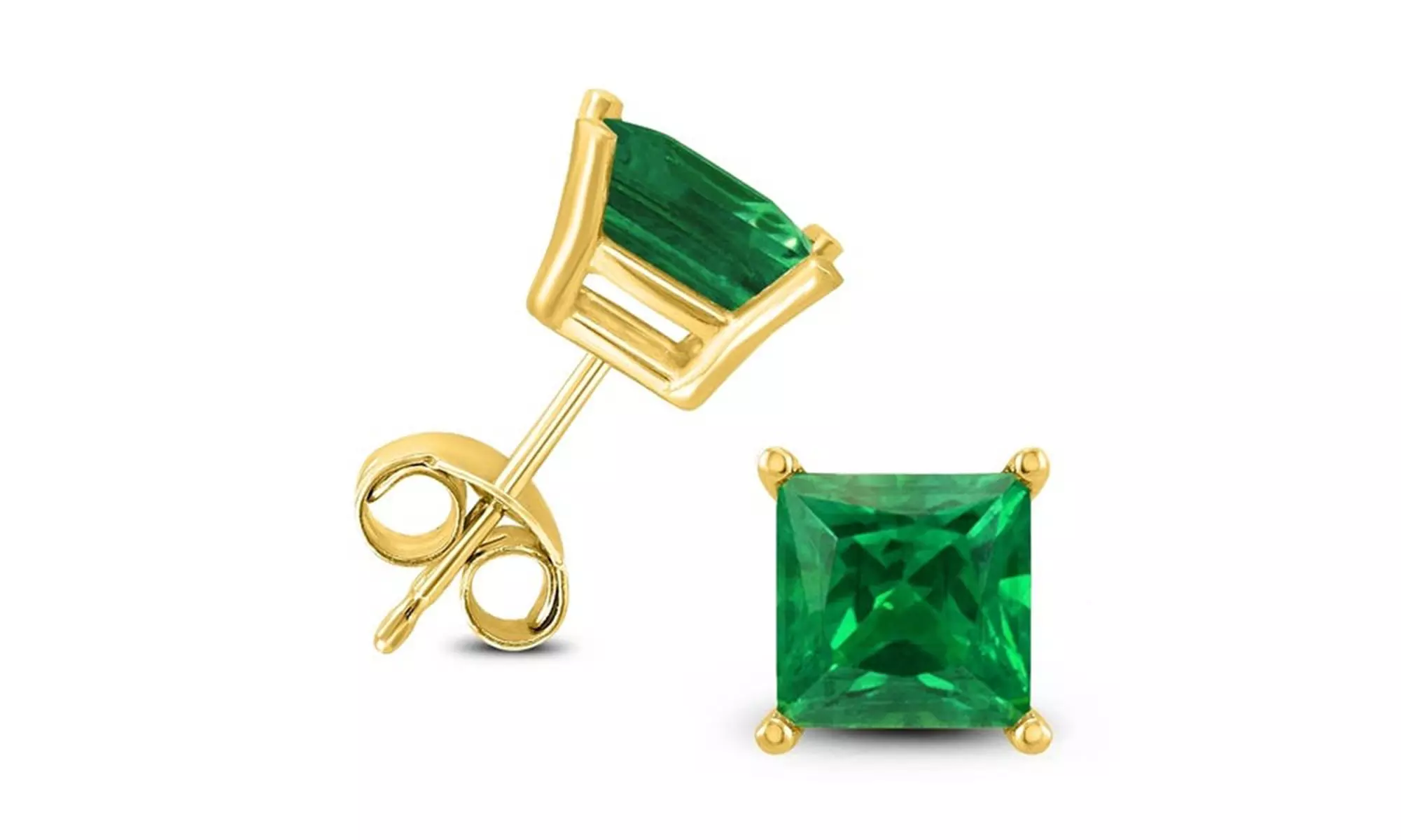 24k yellow Gold Plated 1 Cttw Princess Emerald Stud Earrings