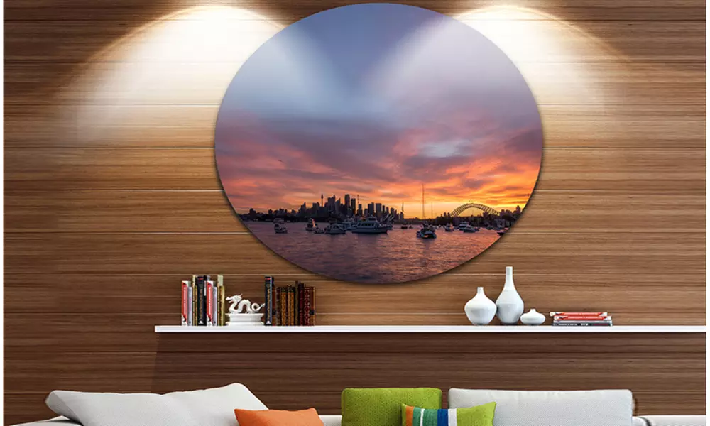 Ferry in Sydney Harbor at Sunset' Landscape Metal Circle Wall Art - Primary Image