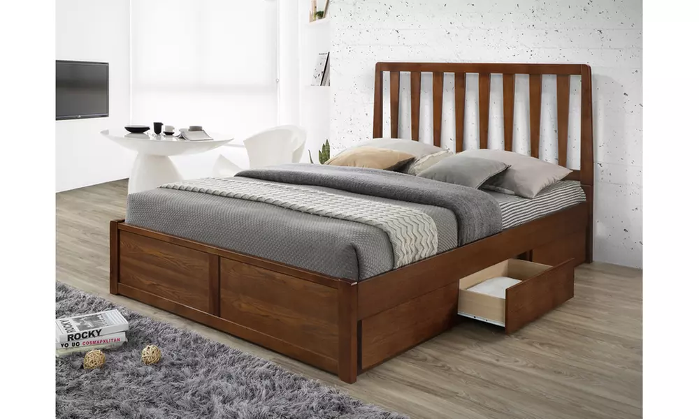 Idal Solid Rubberwood Walnut Finishing 6-drawer Storage Platform Bed - Primary Image