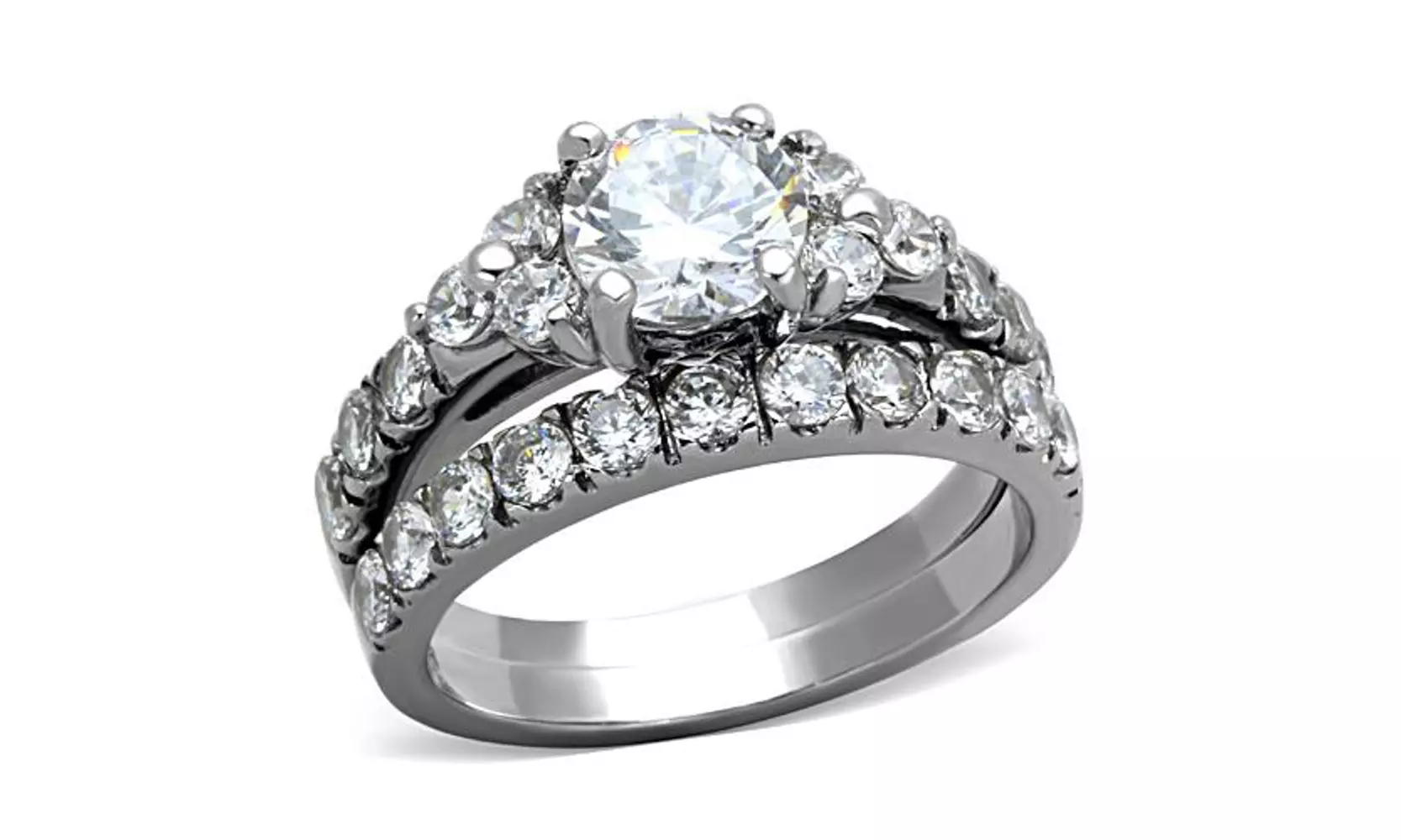 Womens 2.50ct Round Cut Cubic Zirconia and Stainless Steel Wedding Ring Set