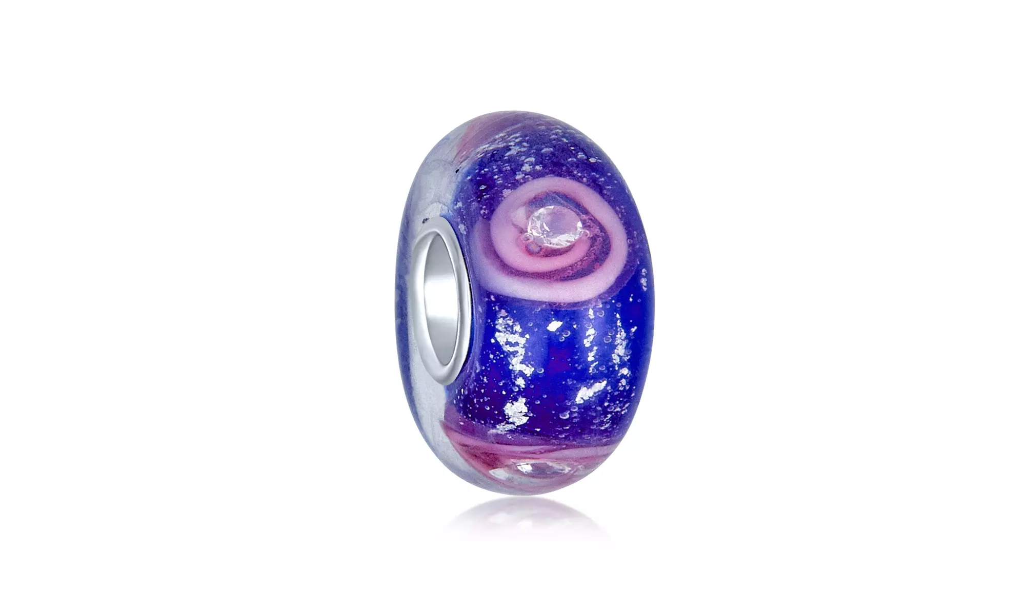 Floral Blue Pink Flower Murano Glass Bead Charm 925 Sterling Silver - Primary Image