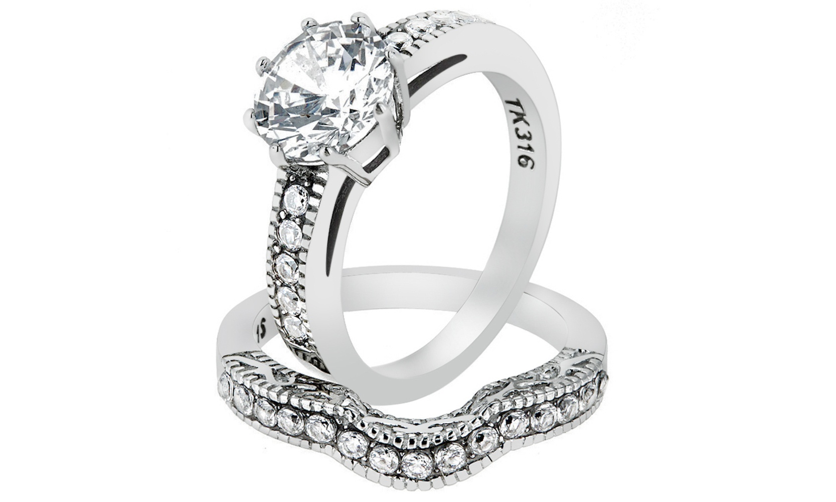 Women's Round Cut Cubic Zirconia Stainless Steel Wedding Ring Set