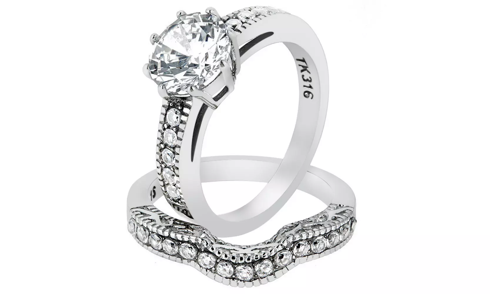 Women's Round Cut Cubic Zirconia Stainless Steel Wedding Ring Set 