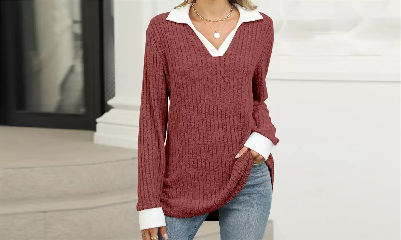 Women's Long Sleeve Lapel Blouse V-Neck Ribbed Knit Tunic Top
