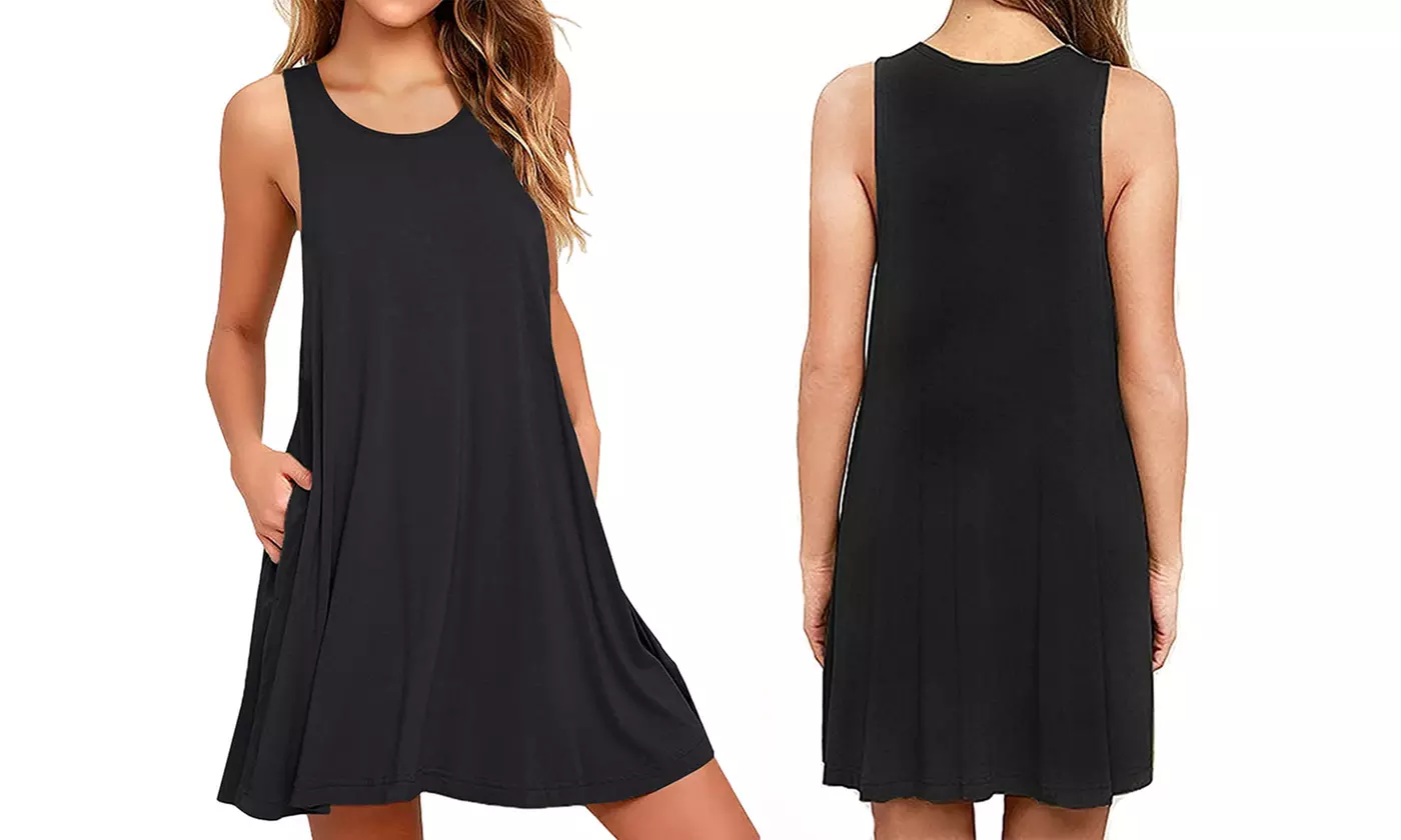 Women's Summer Casual T Shirt Dresses Pockets Sleeveless Beach Dress