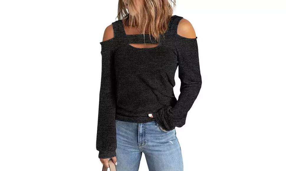 Womens Cold Shoulder Long Sleeve Hallow Out Pullover T-Shirt Tops Blouse Tunic