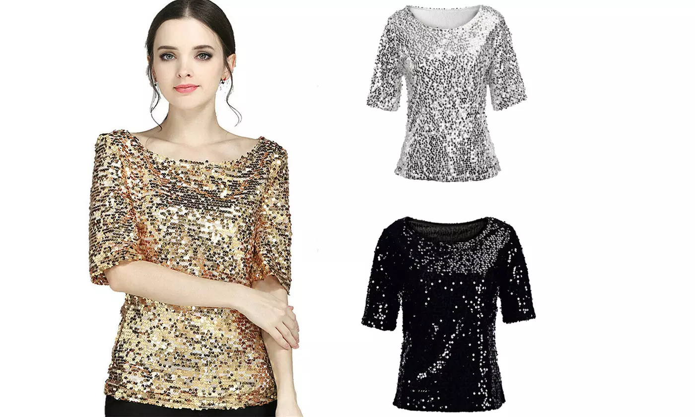 Women Sequin Lady Sparkle Glitter Blouse Short Sleeve Party Top Shirt ZW12 - Primary Image